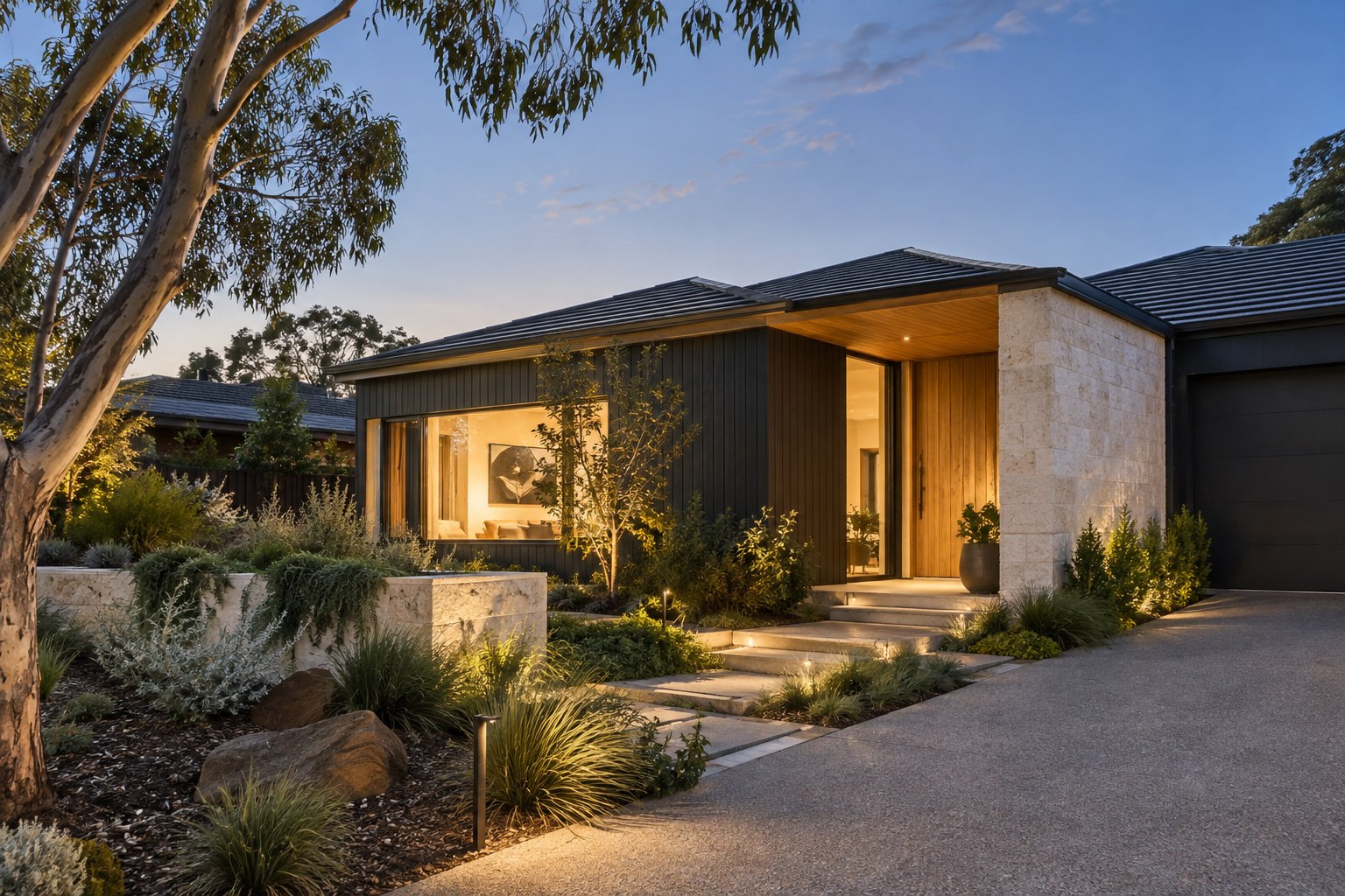 Contemporary Australian home with warm timber details and native landscaping at dusk